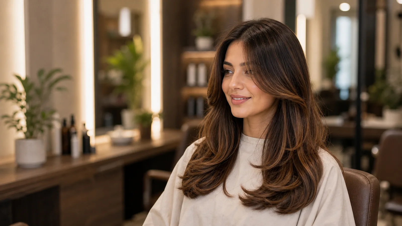A client with a fresh caramel-balayage blowout in the AAINA atelier