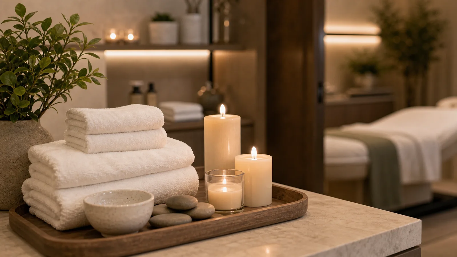 Stacked towels, lit candles and river pebbles waiting in the ritual room