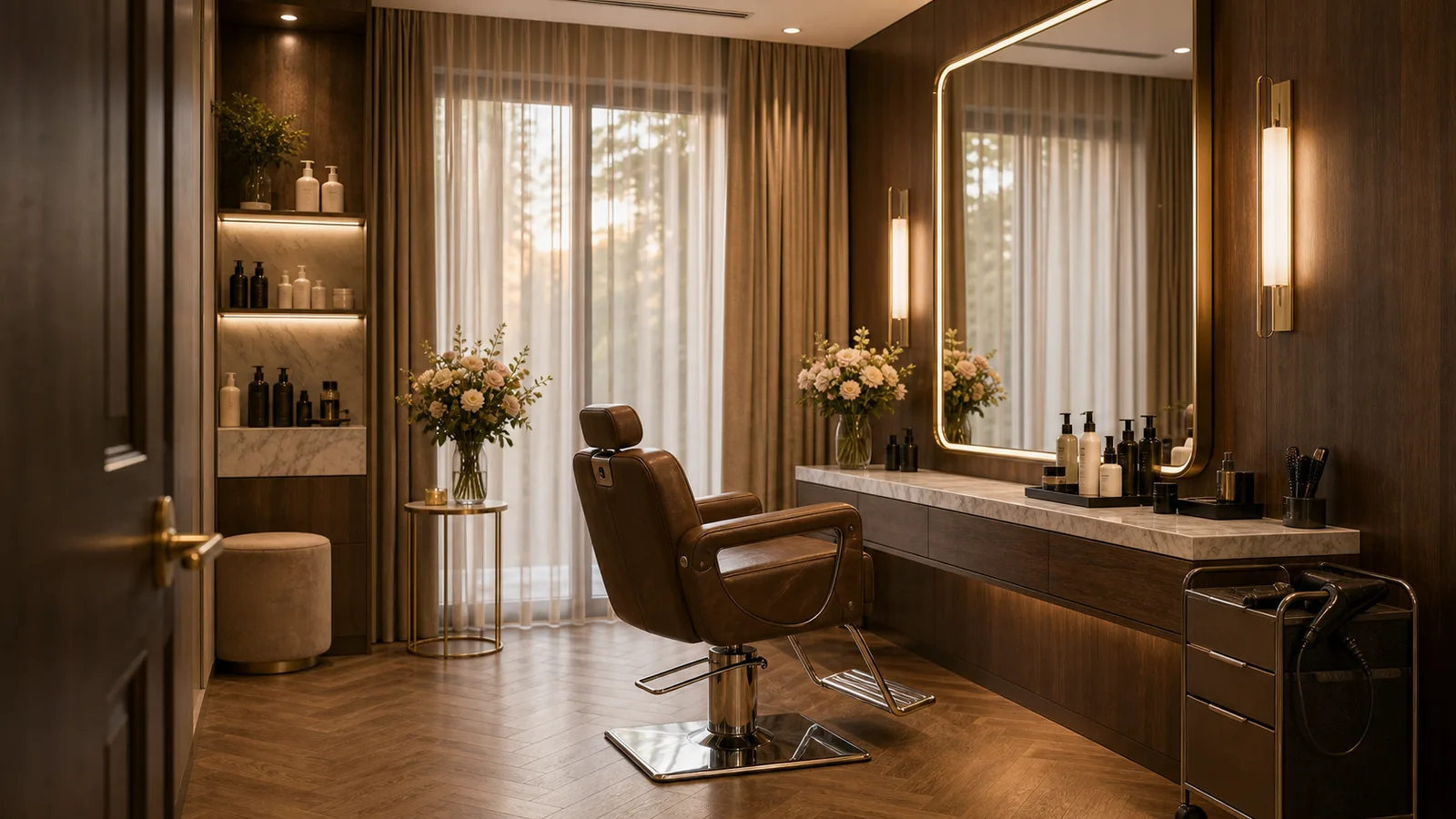 The private suite, tan leather chair, marble vanity, brass-lit mirror, sheer curtains and fresh flowers
