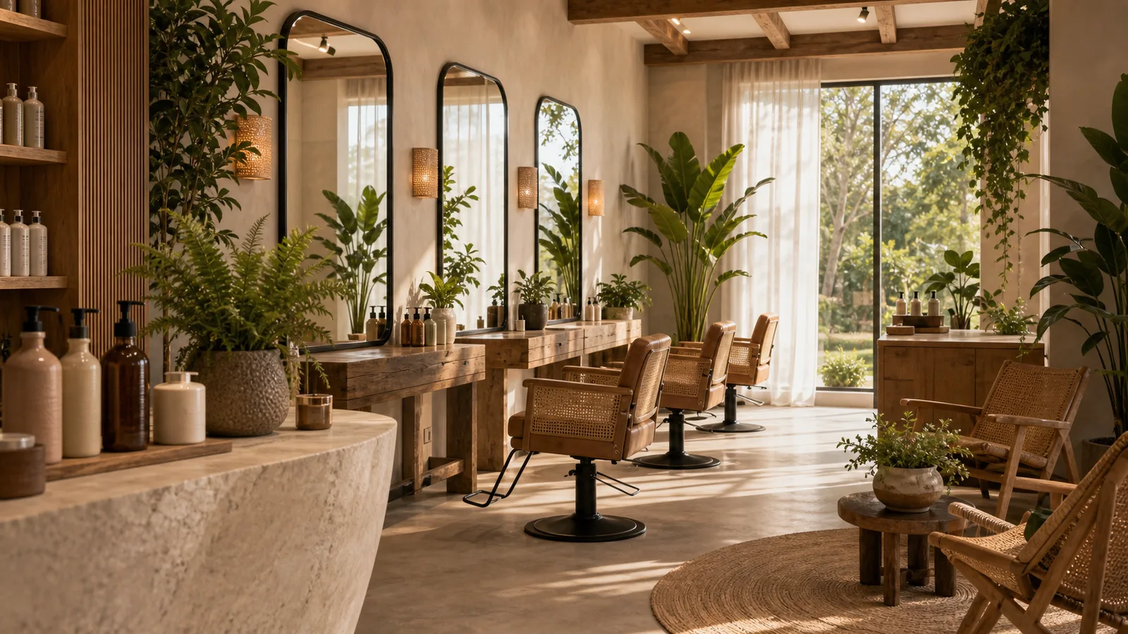 The organic corner, arched mirrors, travertine and greenery