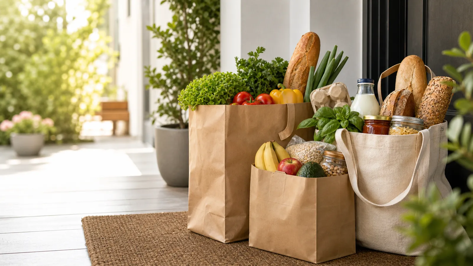 Paper bags of groceries delivered to a Bombay doorstep