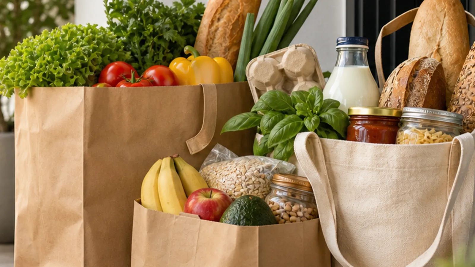 Paper and canvas bags packed with groceries