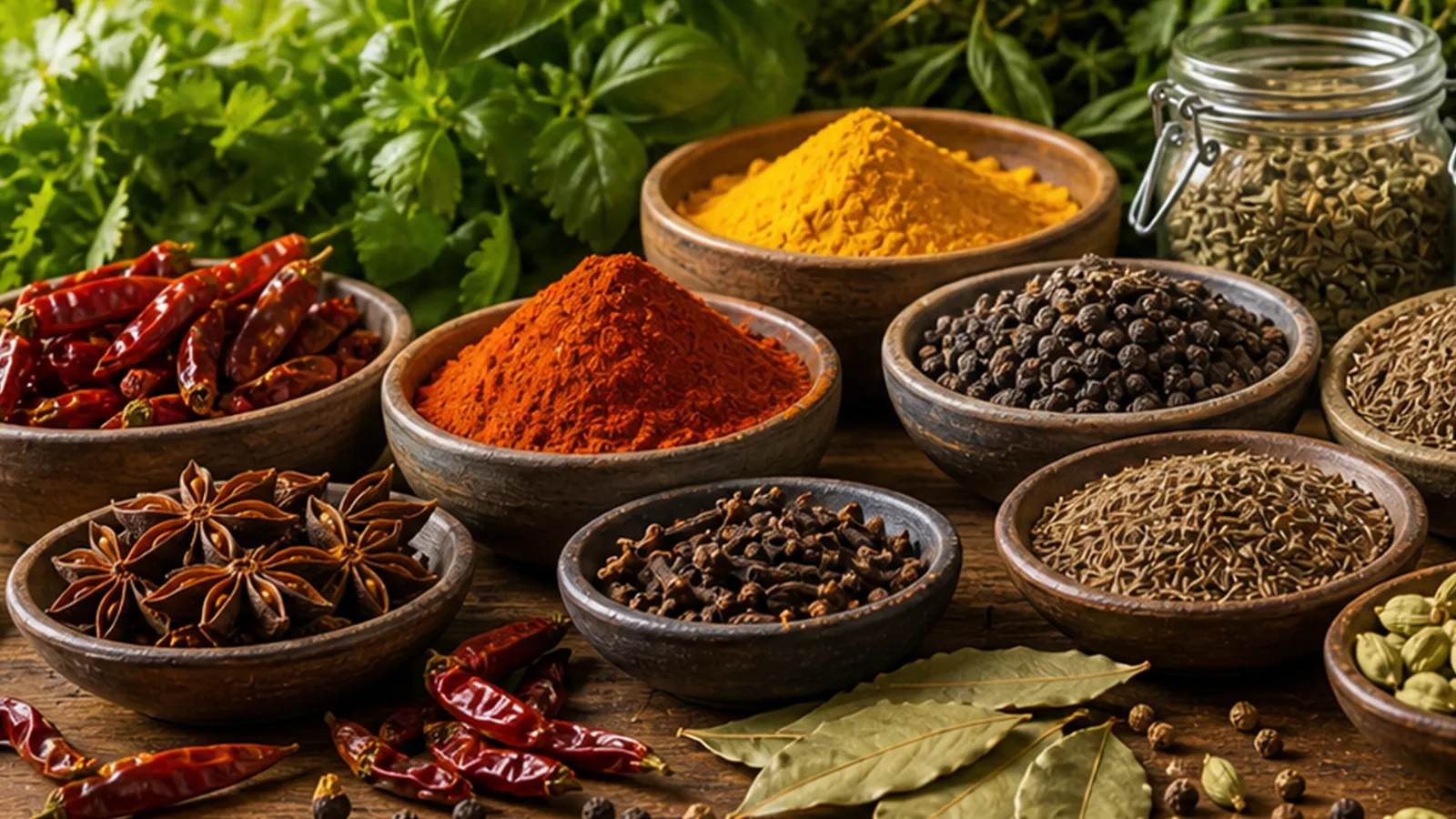 Bowls of whole and freshly ground spices in the Spice Library