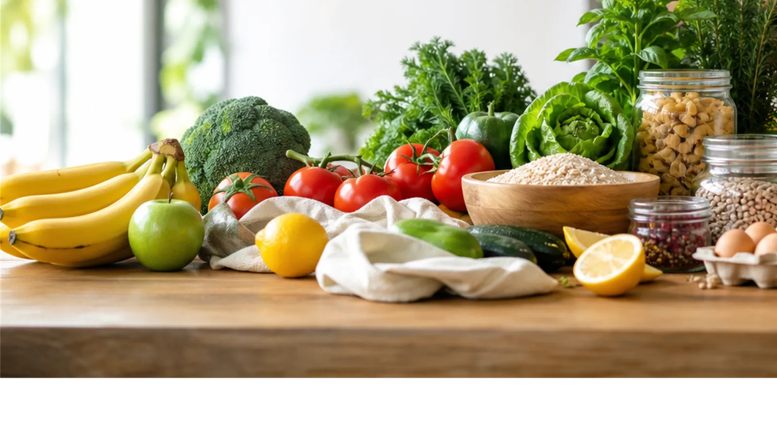 A week's groceries unpacked across a kitchen table