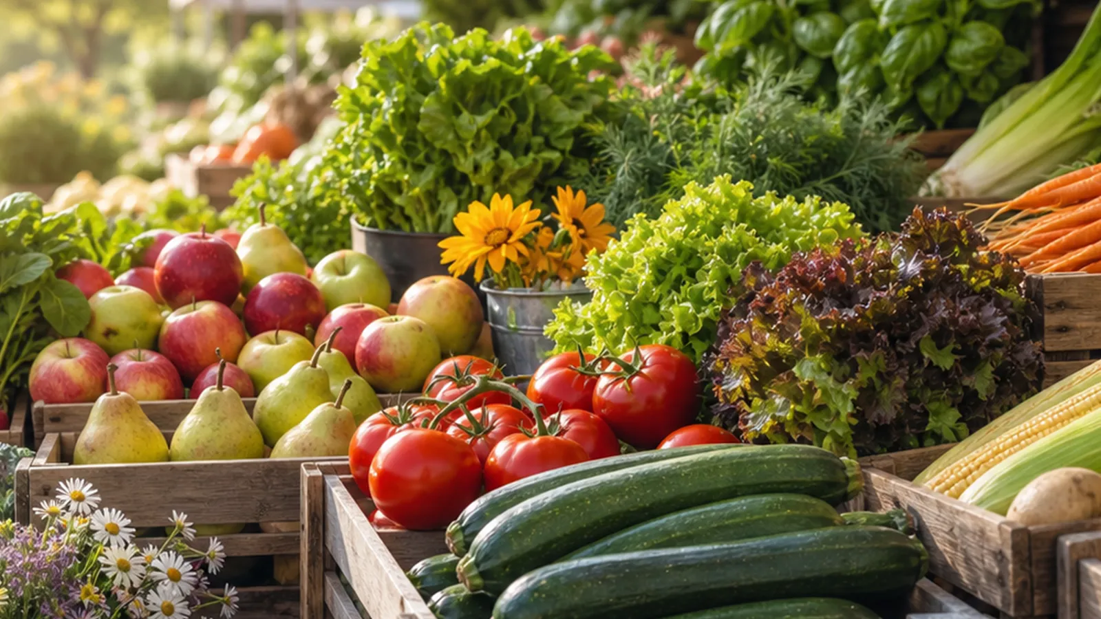 Heaped crates of organic produce at a partner farm
