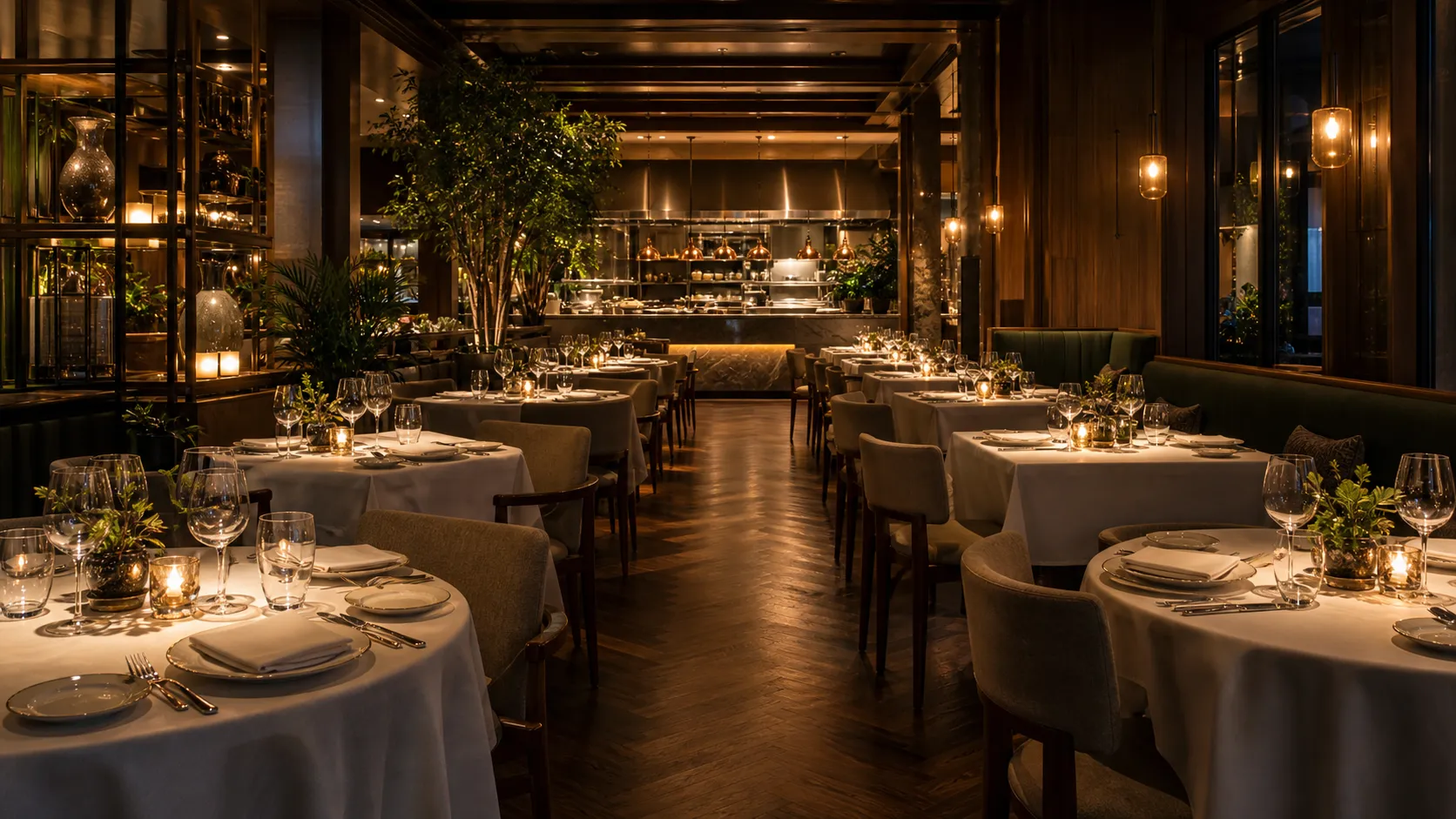 Candela's main dining room — linen, candlelight and tall arched windows