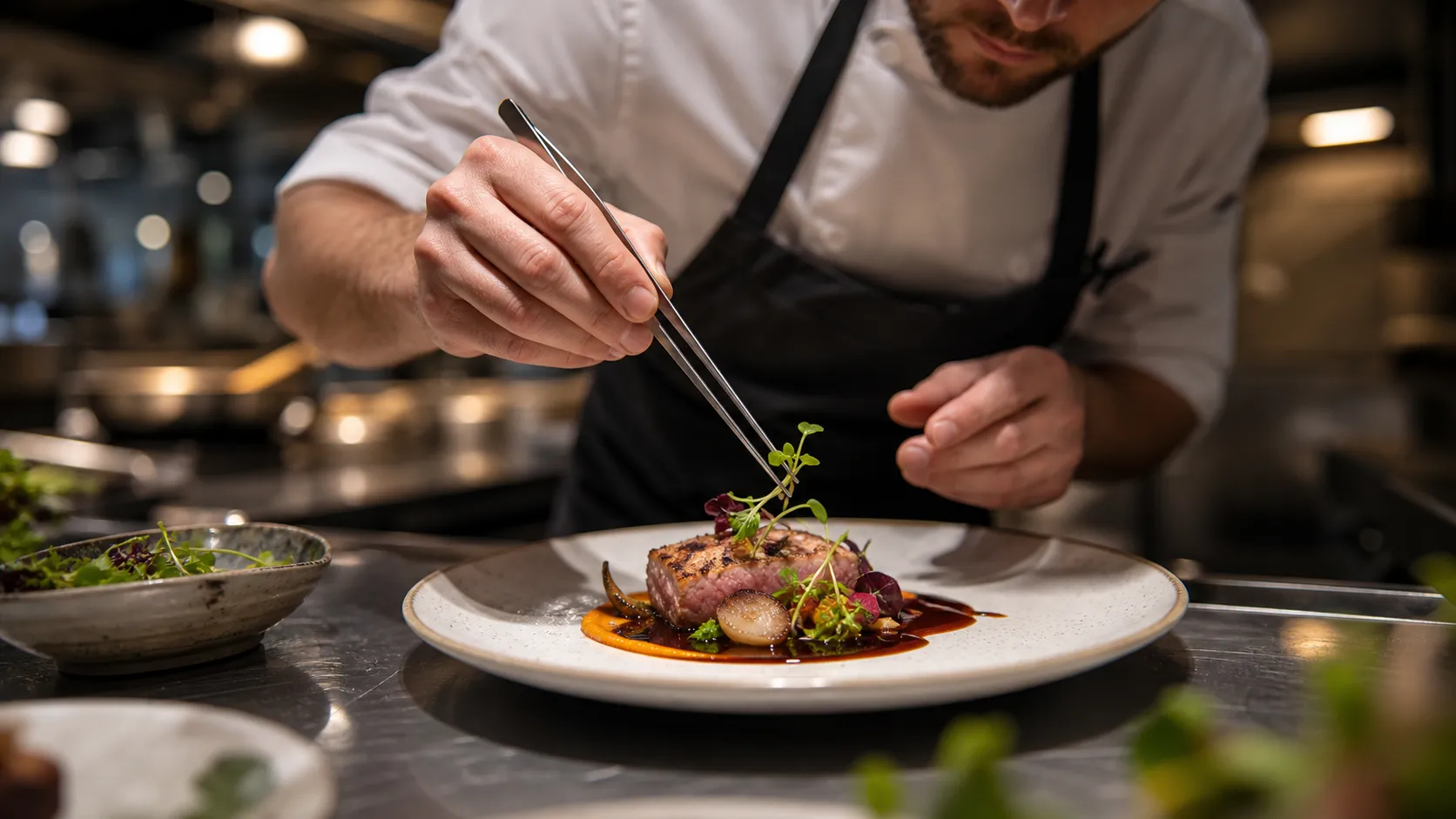 Chef Ferrante finishing a plate with tweezers under the pass lights