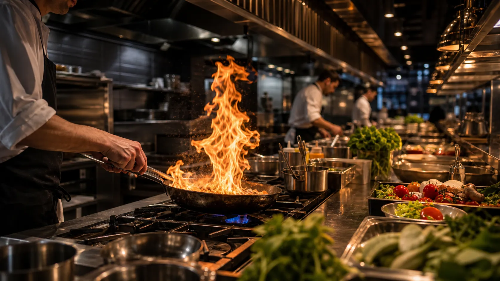 Flames rising from the open wood-fire kitchen at Candela