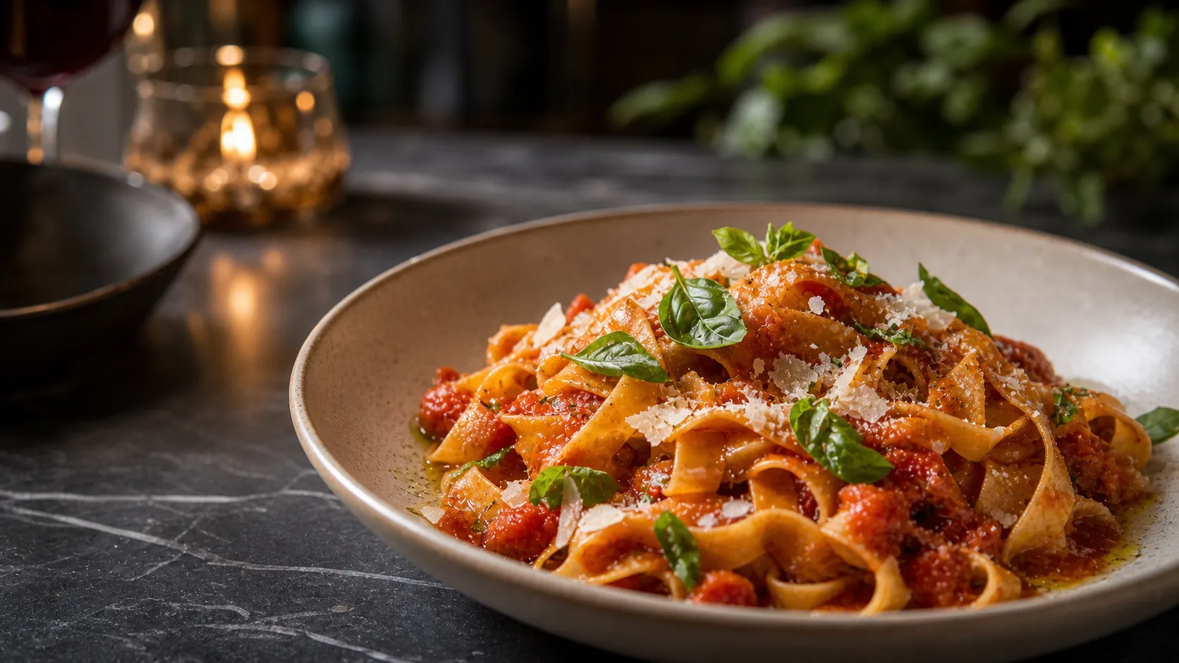 Hand-cut tagliatelle folded through San Marzano tomato and basil