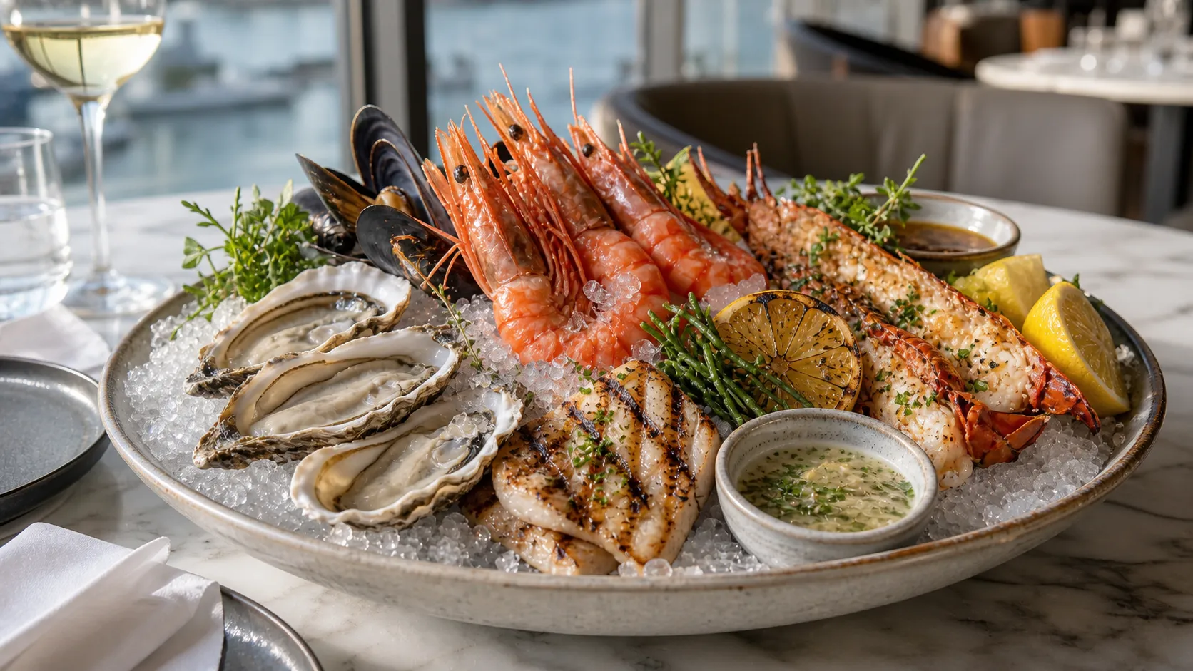 The Shore Platter — oysters, tiger prawns and lobster on crushed ice