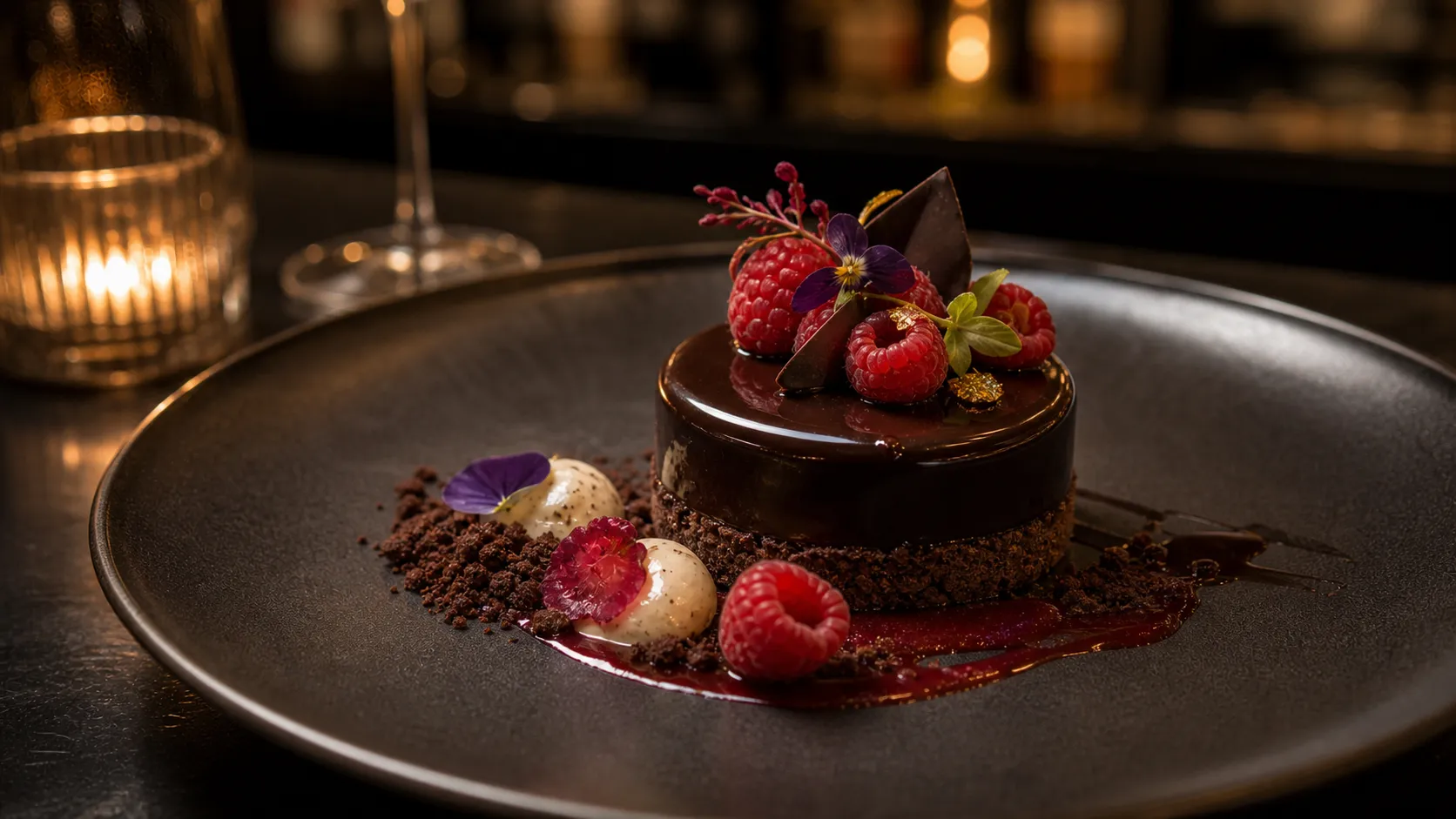 Palet d'Or — a mirror-glazed chocolate dome with raspberry and gold leaf