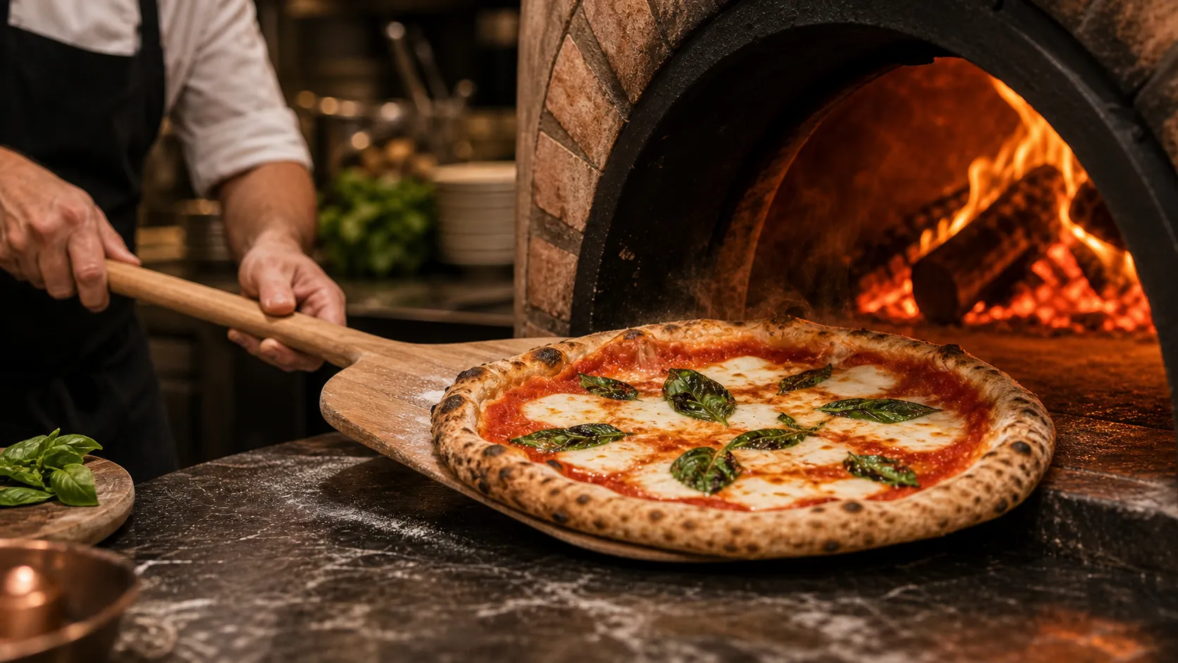 Flames curling inside the wood-fired oven at the heart of the kitchen