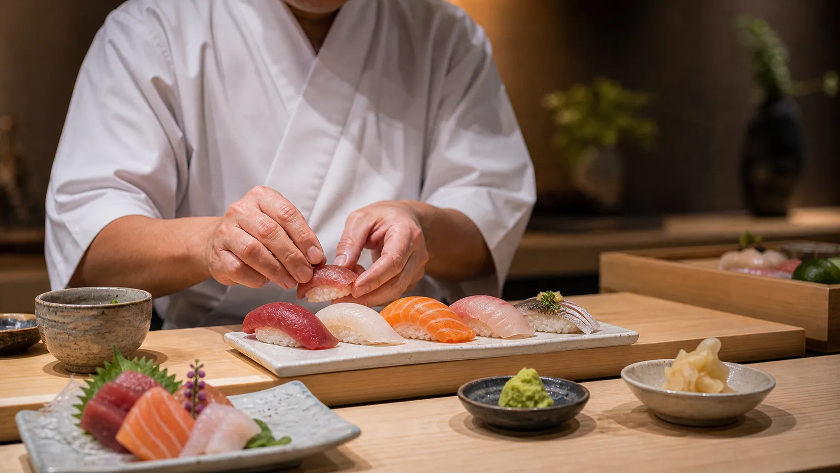The sushi chef slicing tuna at Candela's raw bar counter