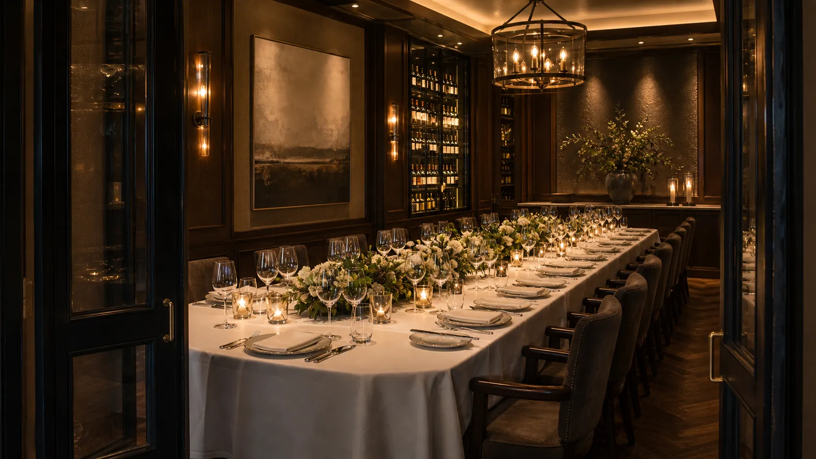 The Private Salon — one long table set for eighteen behind closed doors