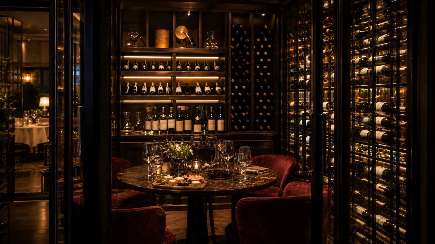 The Cellar Table, candlelit amongst racks of four hundred labels