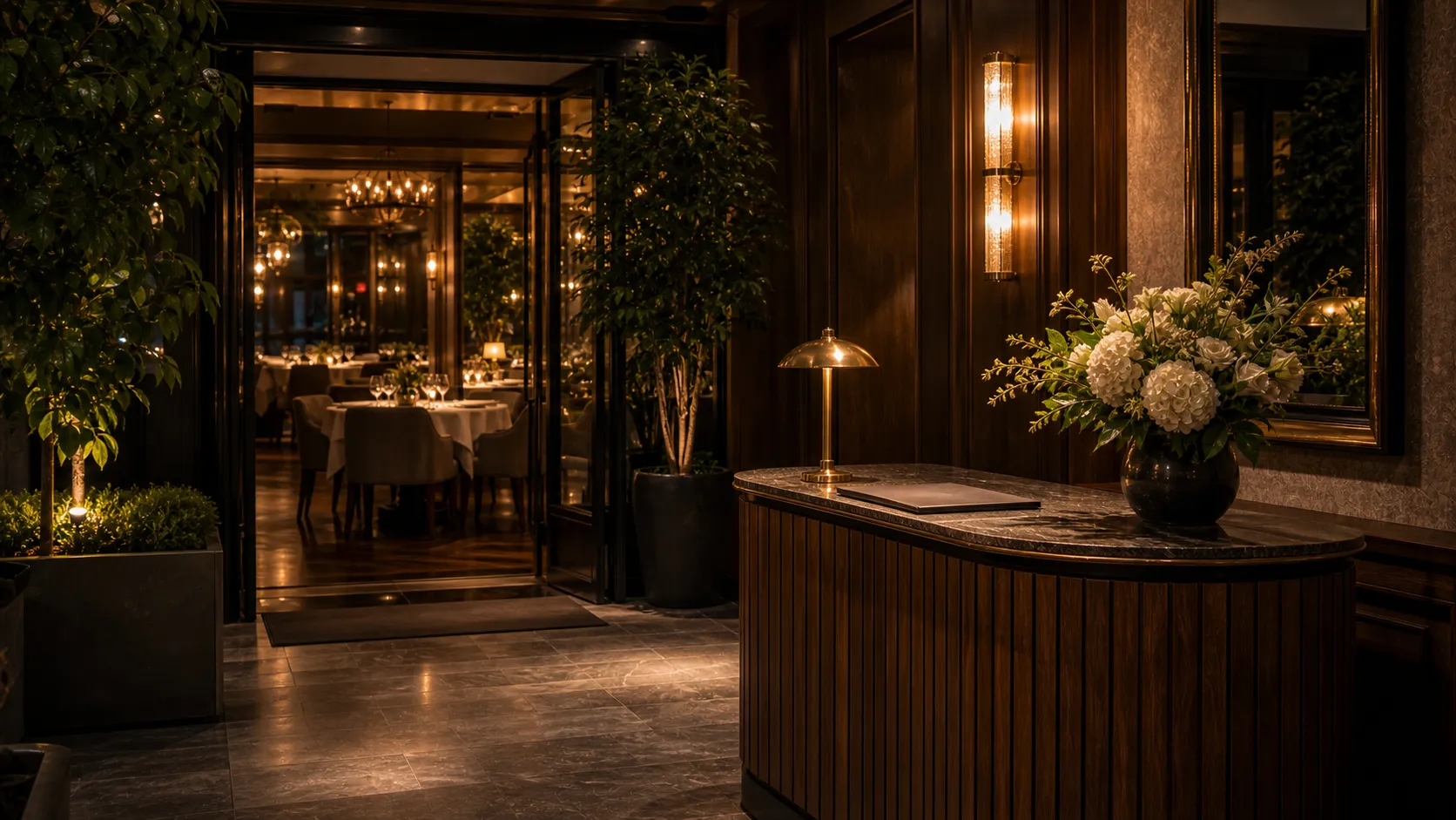 The host stand at Candela's entrance, fresh flowers and a leather reservation book