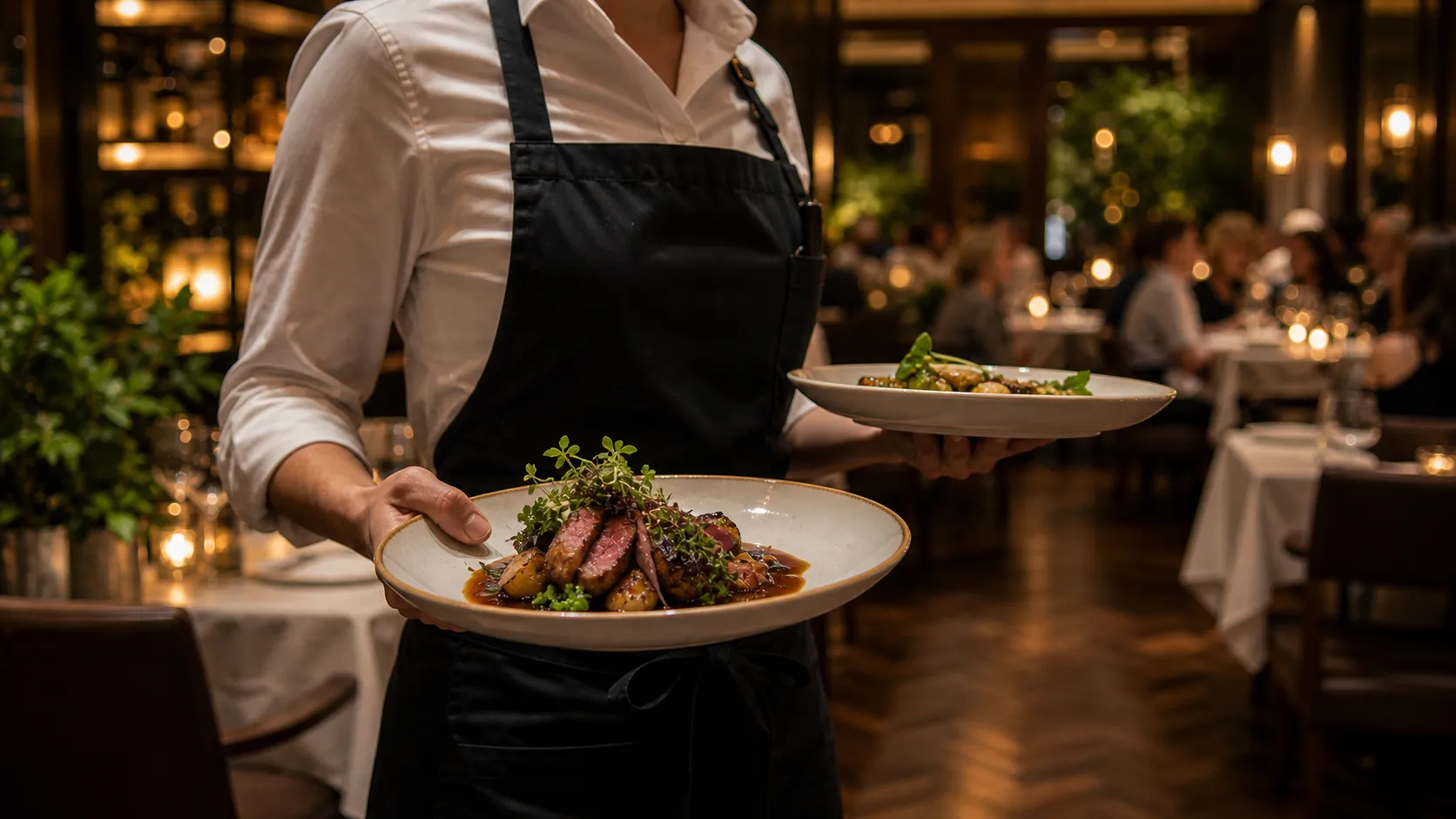 A server carrying three plates through the dining room at full service