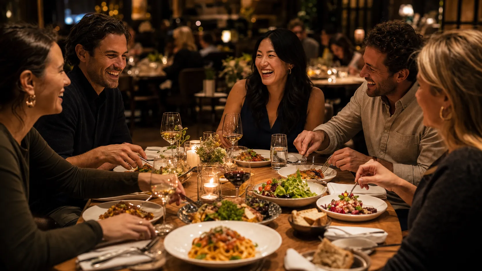 Friends sharing plates and laughter across a candlelit table