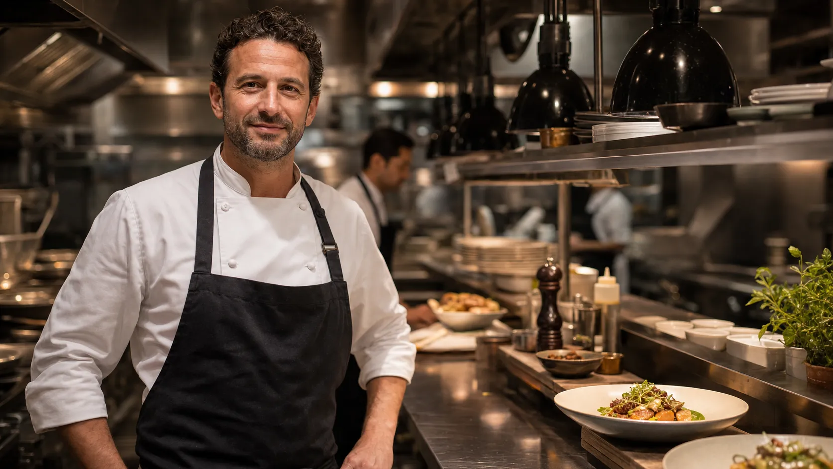 Executive Chef Matteo Ferrante, arms crossed in his whites at the pass