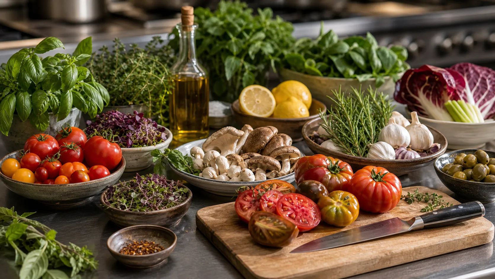 Morning prep — market vegetables and herbs laid out on the kitchen bench