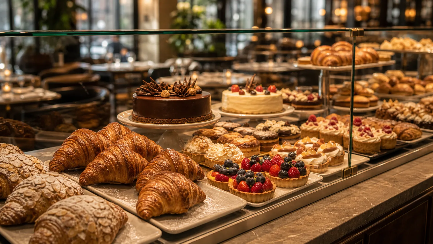The morning pastry case, croissants and tarts still warm from the oven