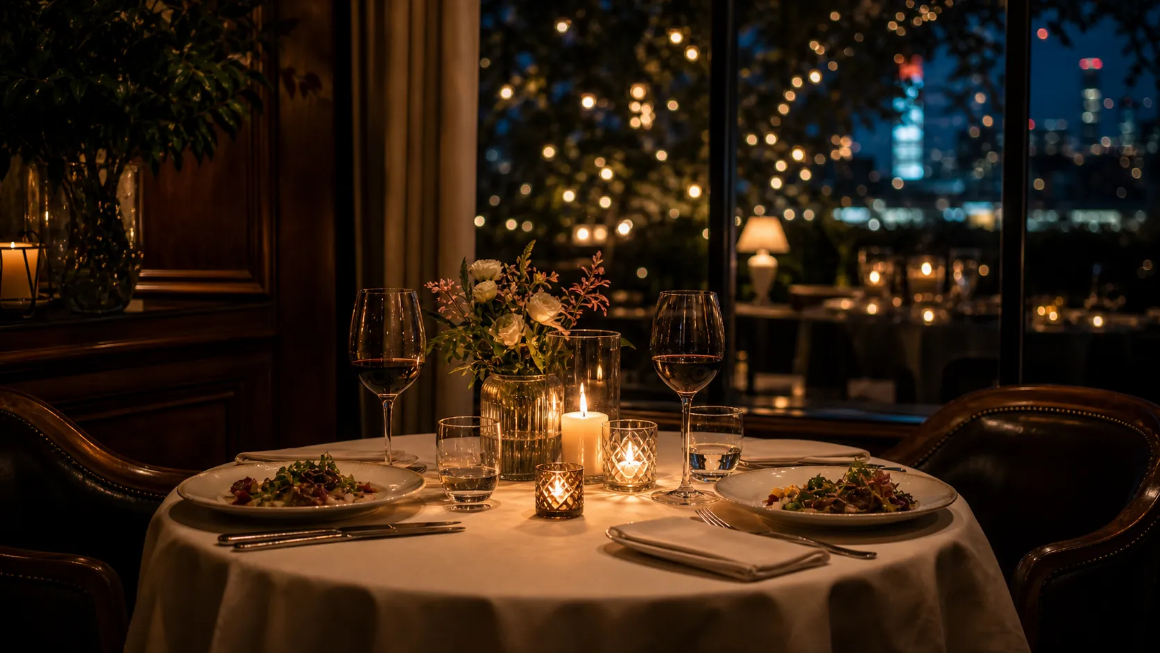 A table for two set with candles and wine glasses, waiting for the evening