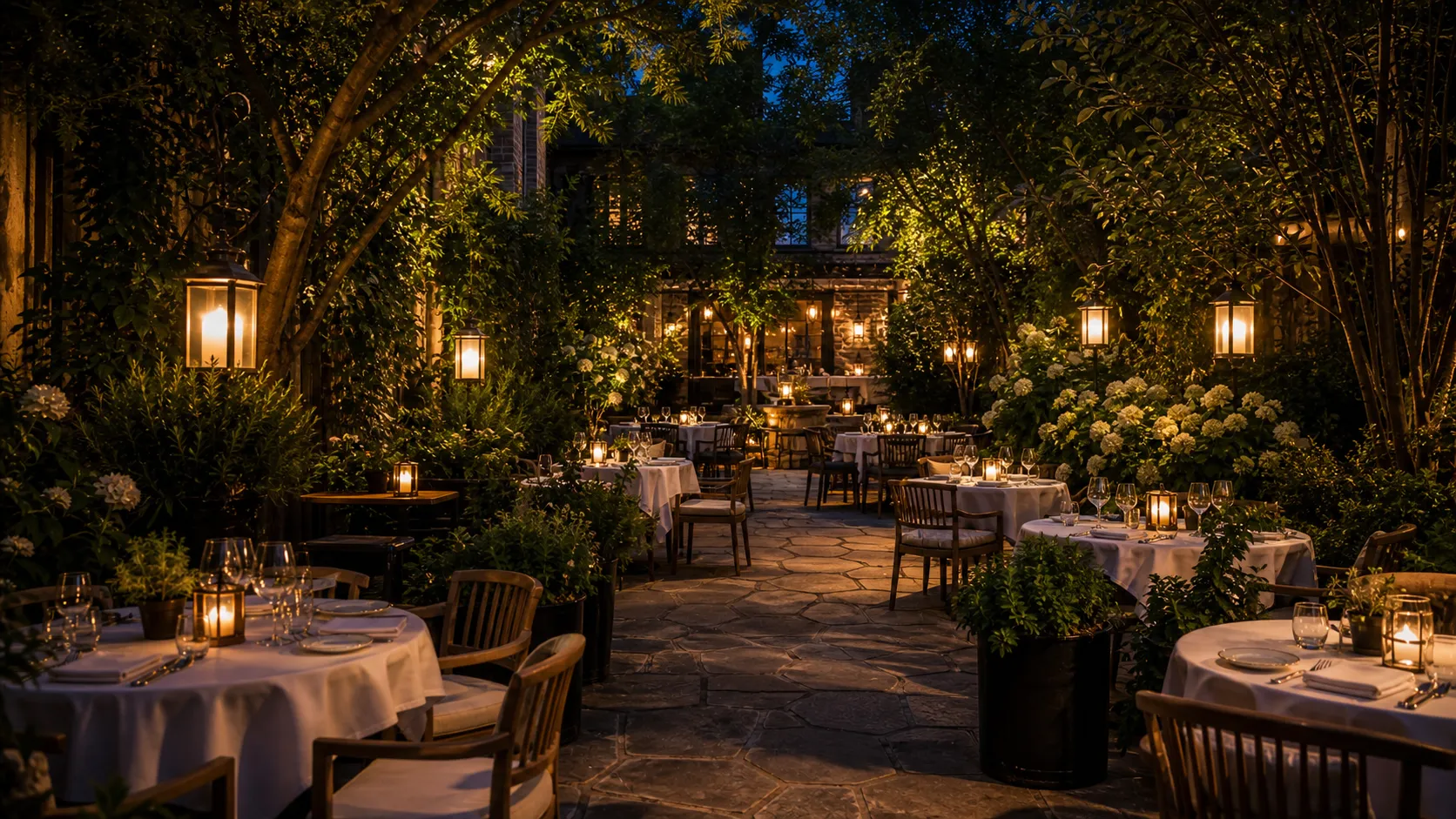 The Garden at dusk — lantern-lit tables beneath the frangipani