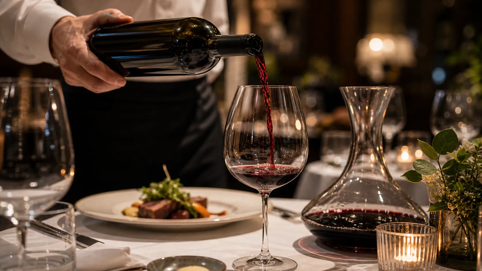 A sommelier pouring red wine tableside by candlelight