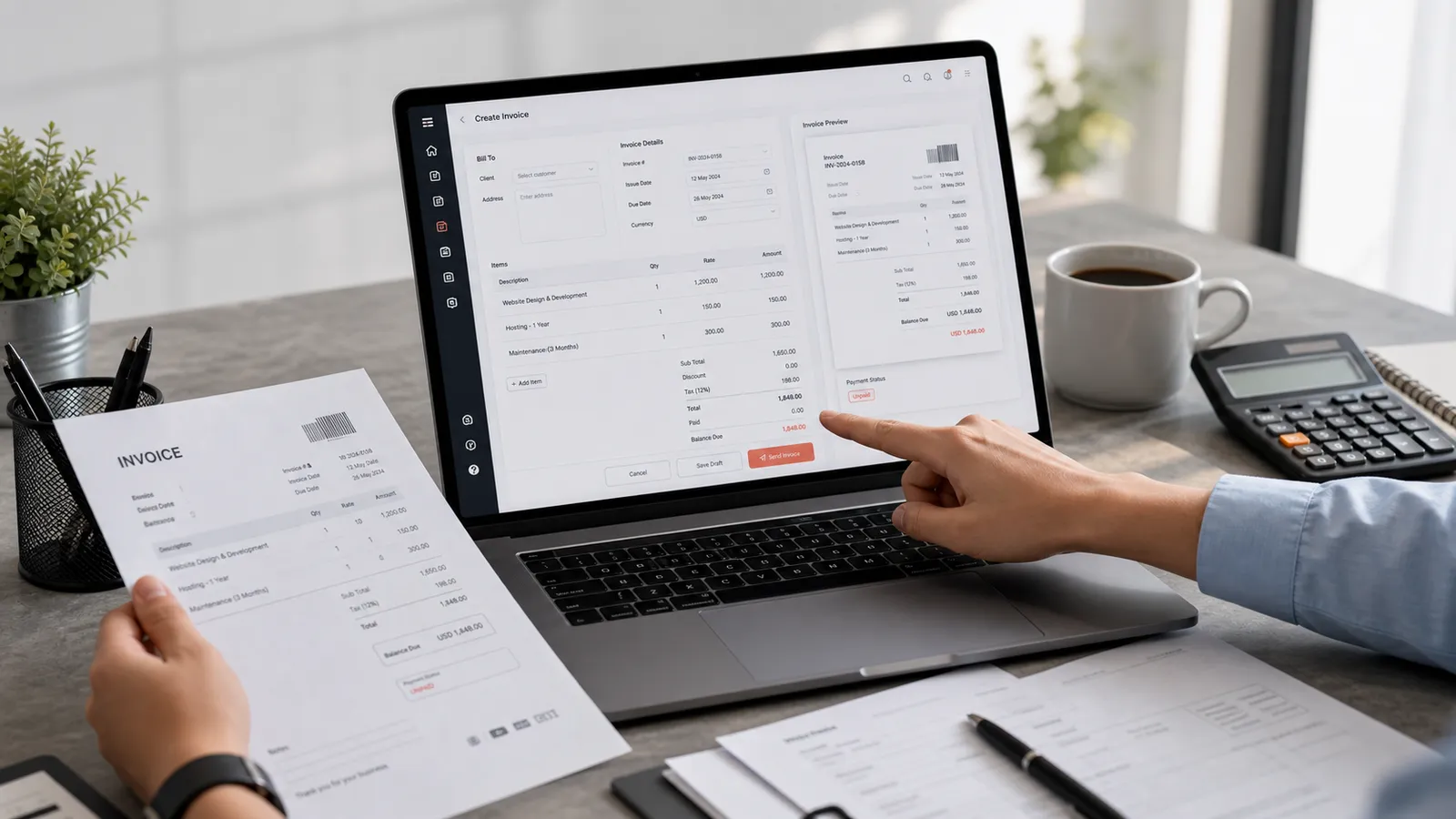 Hands reviewing a freshly printed GST invoice beside the Folio invoice builder on a laptop