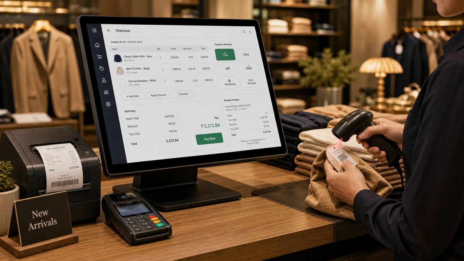Cashier scanning a garment barcode at a fashion store checkout running Folio