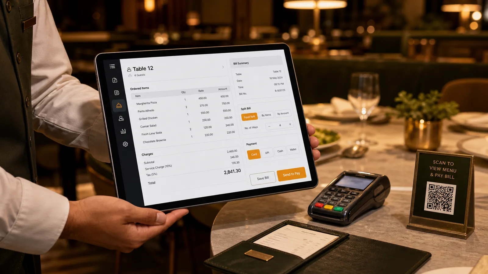 Waiter presenting the Table 12 bill on a tablet in a restaurant running Folio