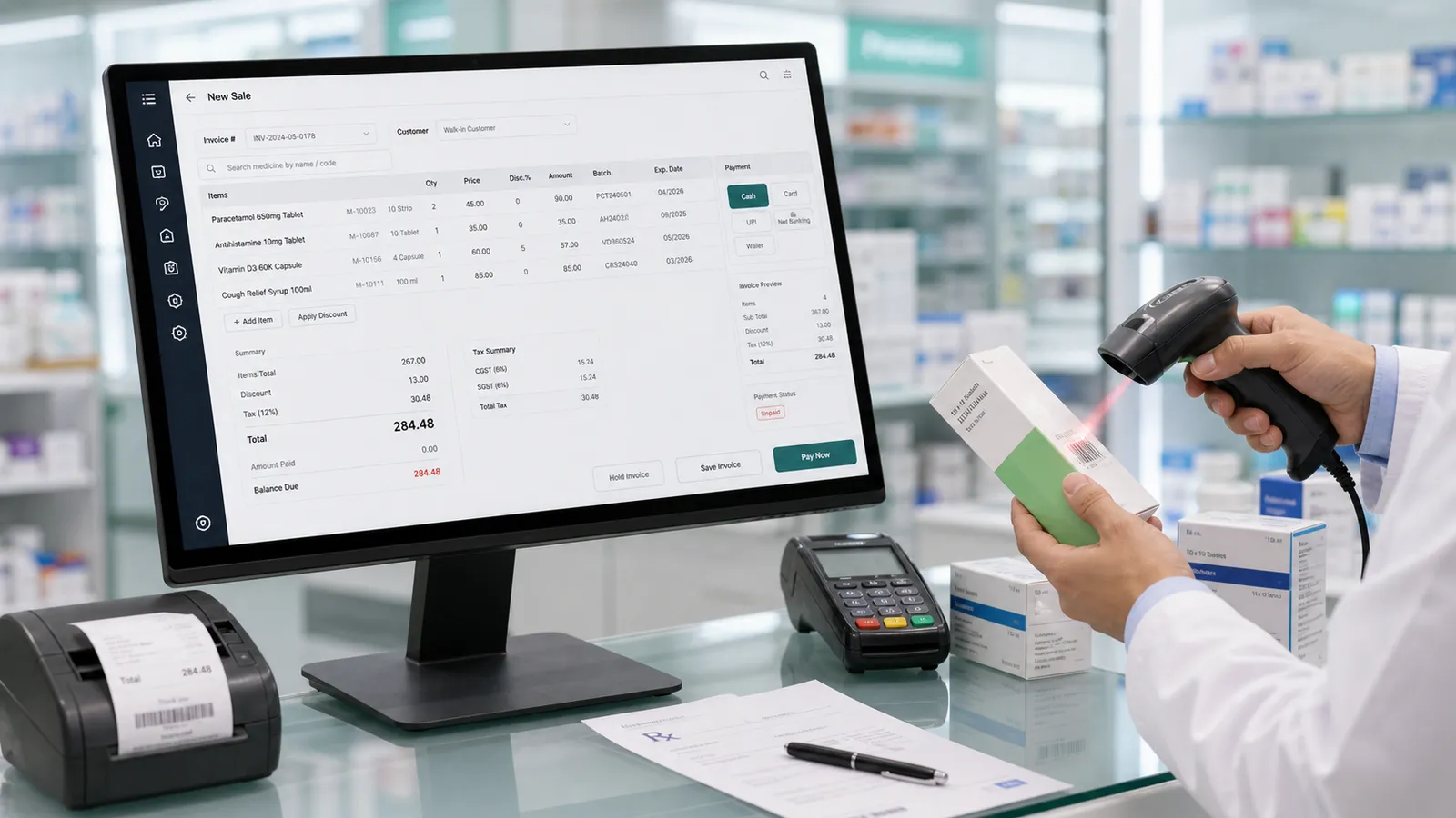 Pharmacist scanning a medicine box at a pharmacy counter running Folio