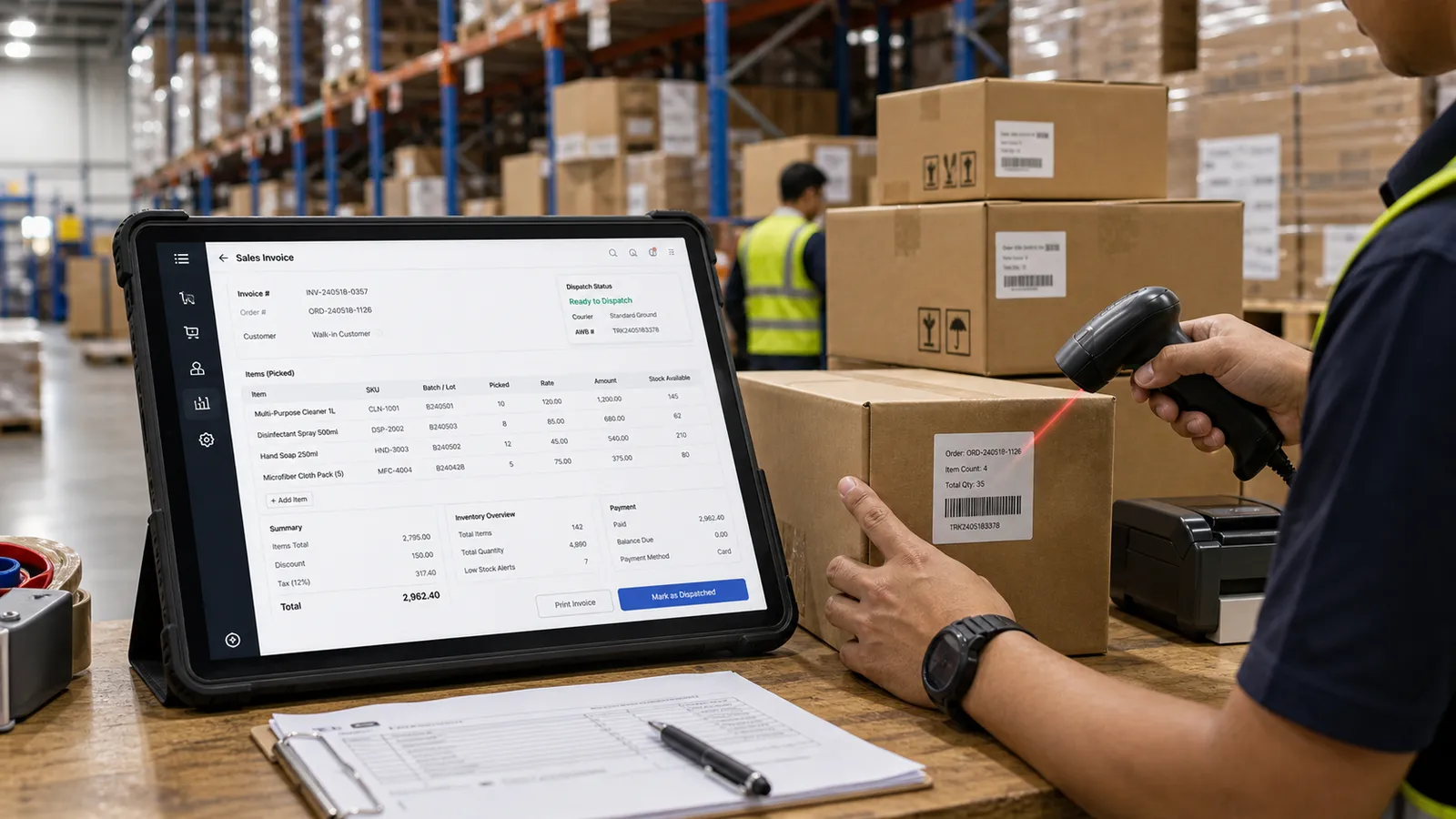 Warehouse staff raising a sales invoice on a tablet between racks of stacked stock boxes