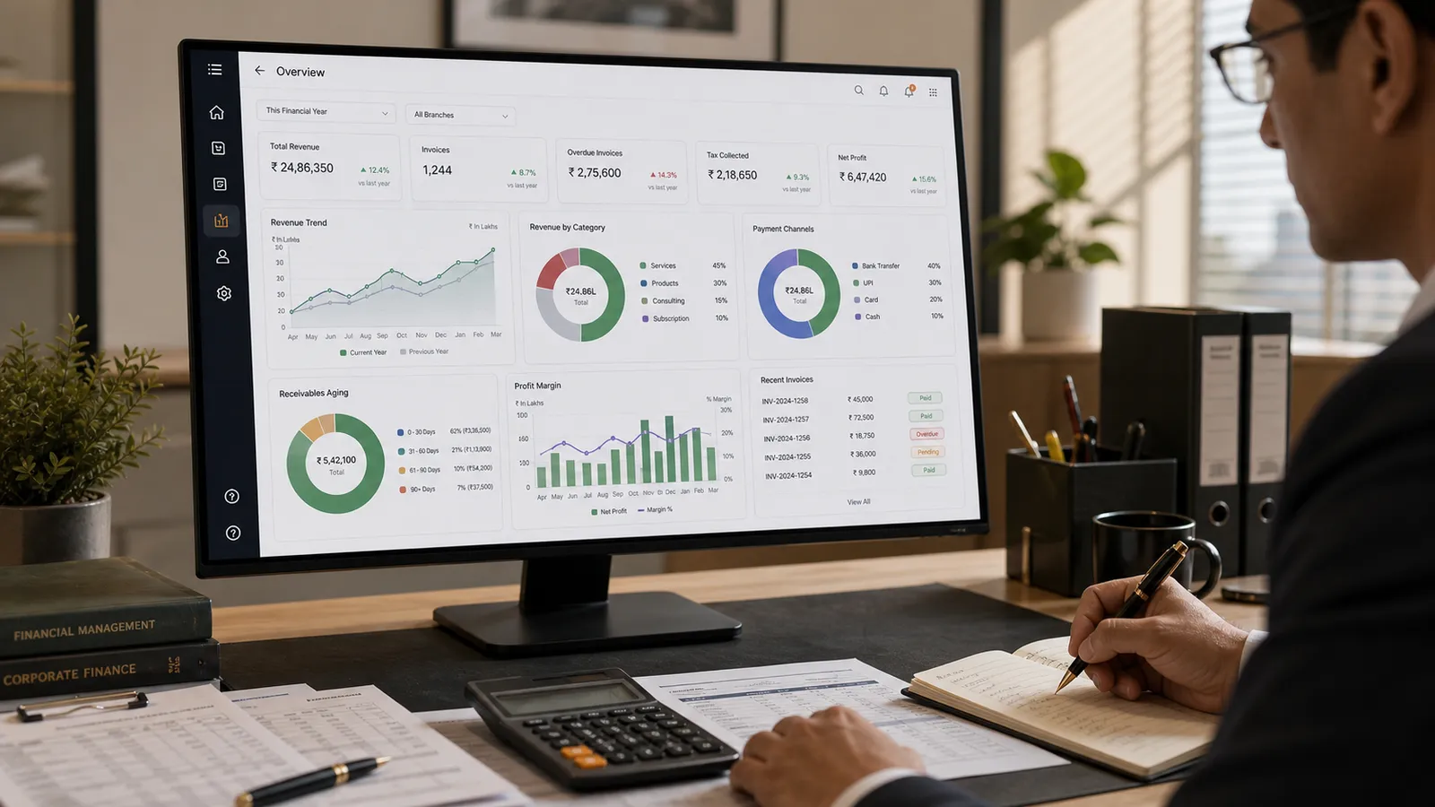 Chartered accountant reviewing live rupee ledgers on the Folio analytics dashboard