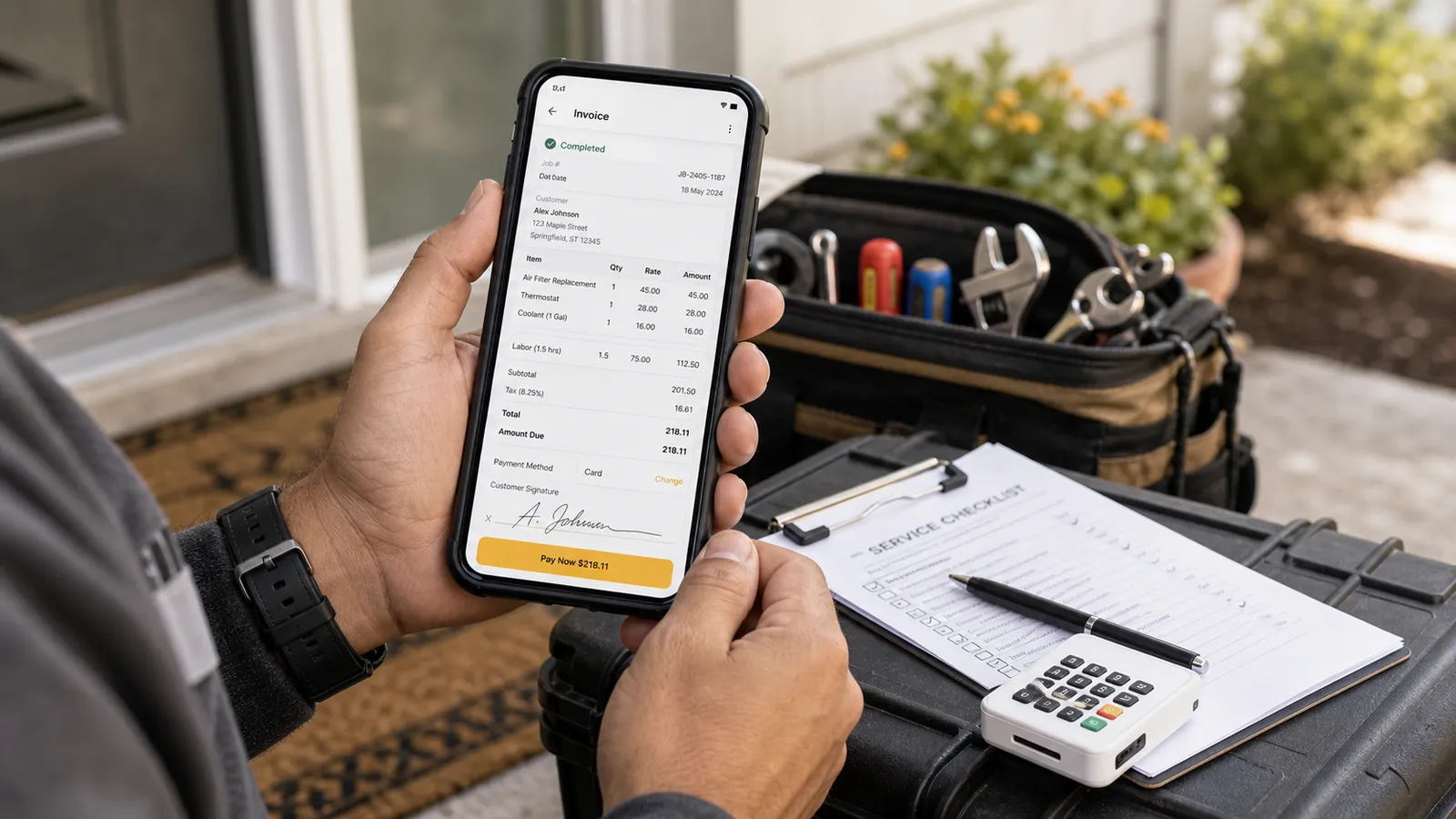 Field technician raising a Folio invoice on a phone at a customer's doorstep