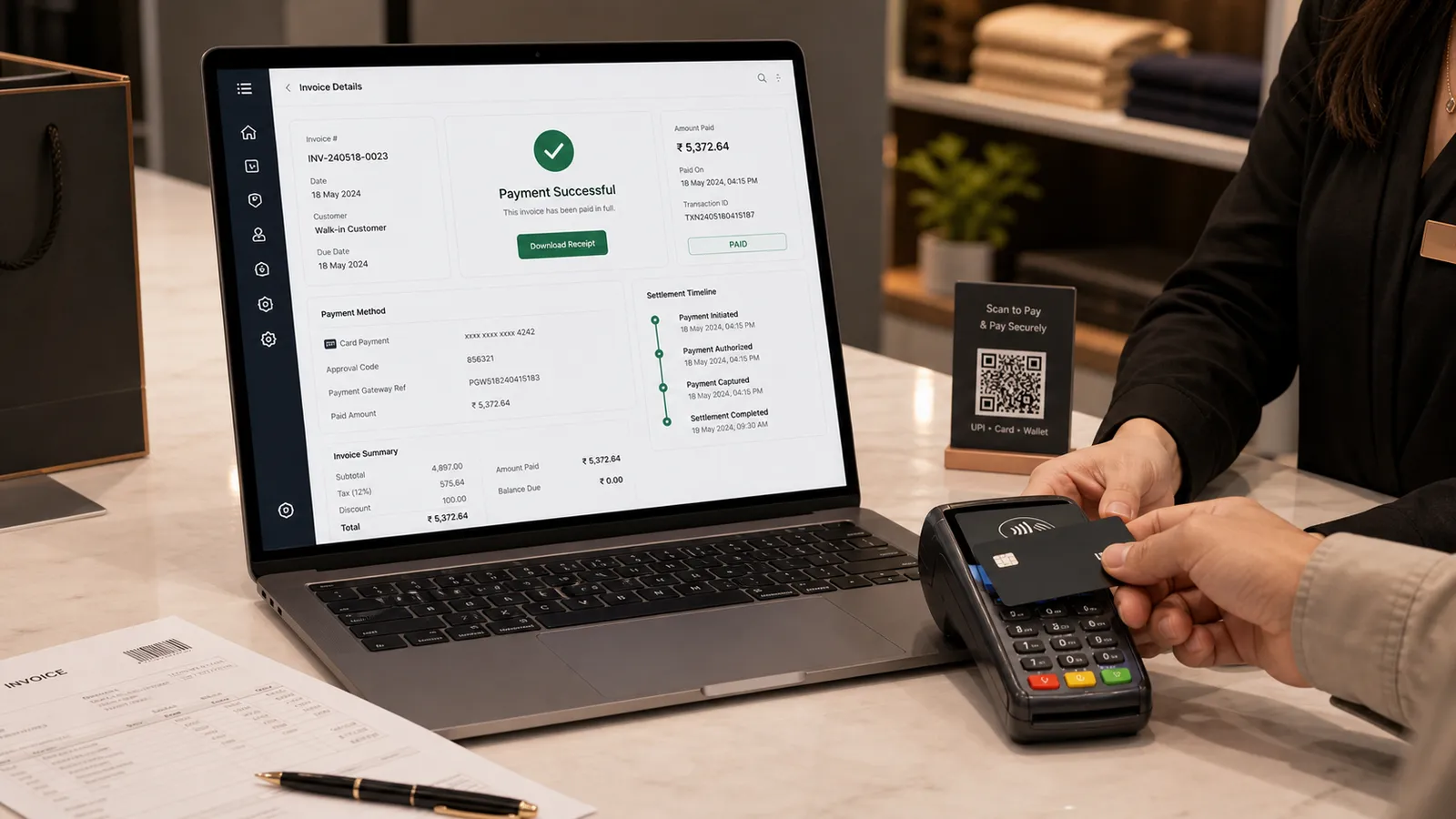 Payment successful on a laptop screen beside a card terminal at the billing counter