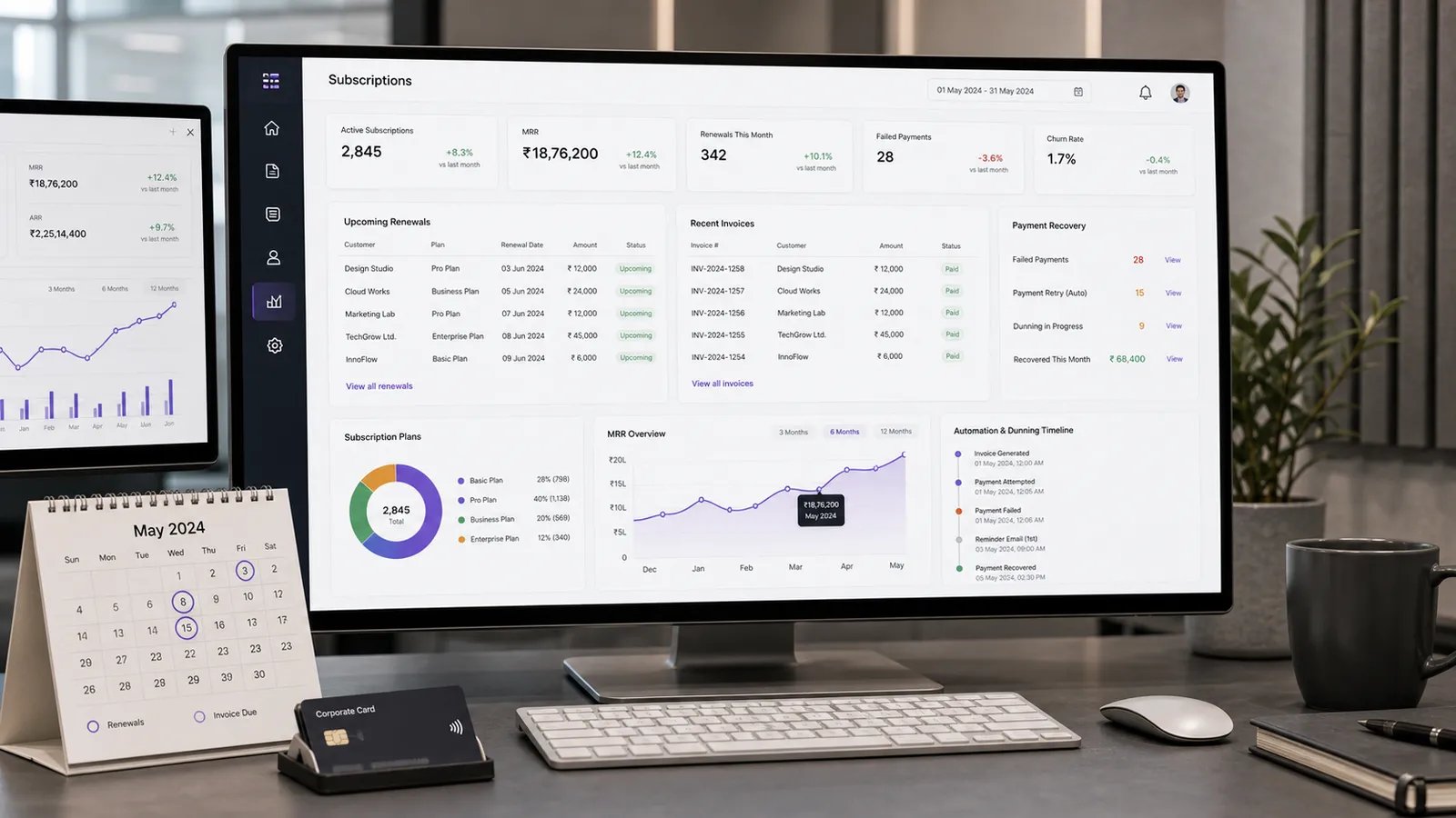 Folio subscriptions dashboard showing MRR and active plans across two monitors