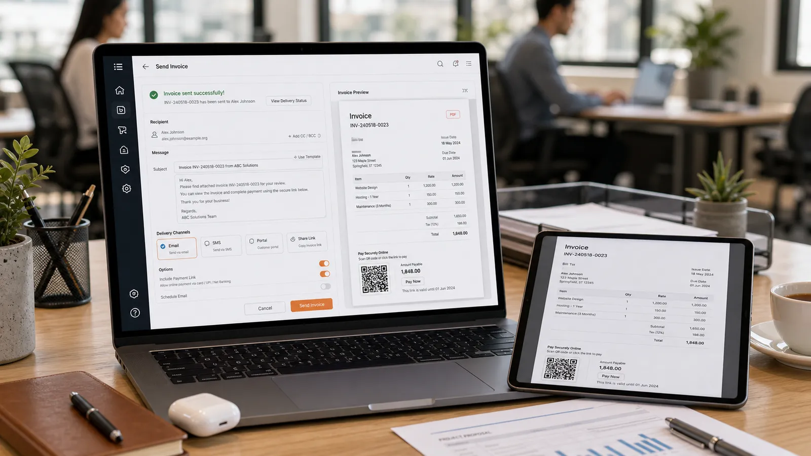 Folio send screen sharing an invoice PDF and payment link on WhatsApp from a tablet