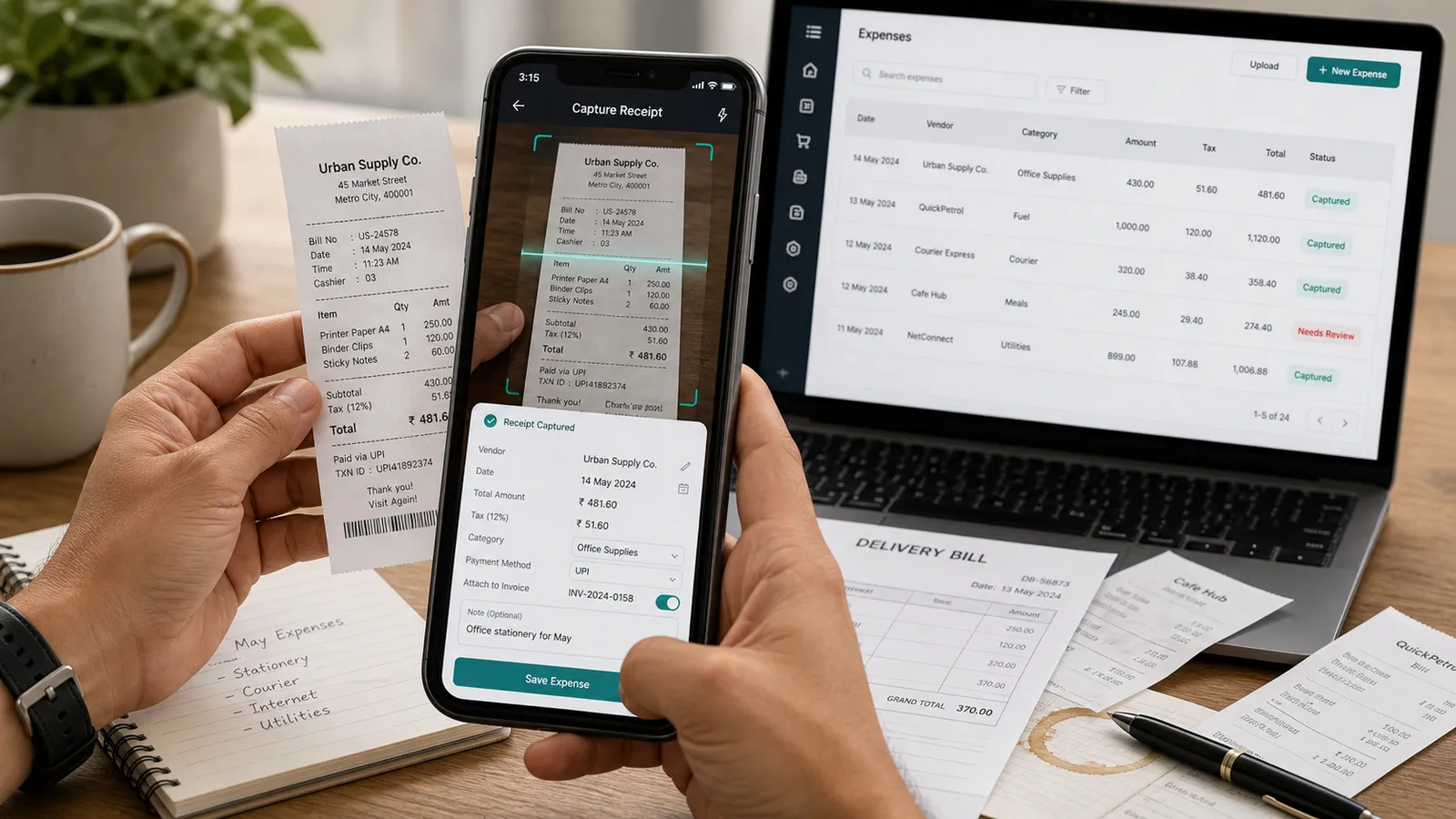 Phone camera scanning a paper receipt into Folio while the laptop shows the expenses table