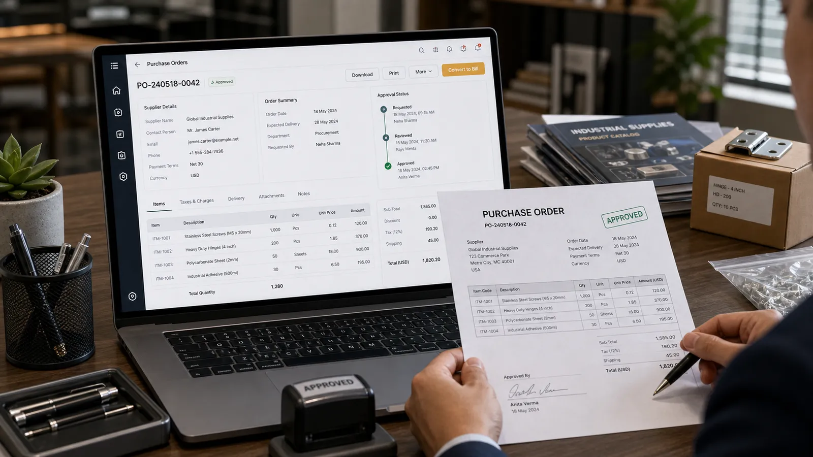 Purchase order approval screen in Folio next to an APPROVED-stamped printed purchase order