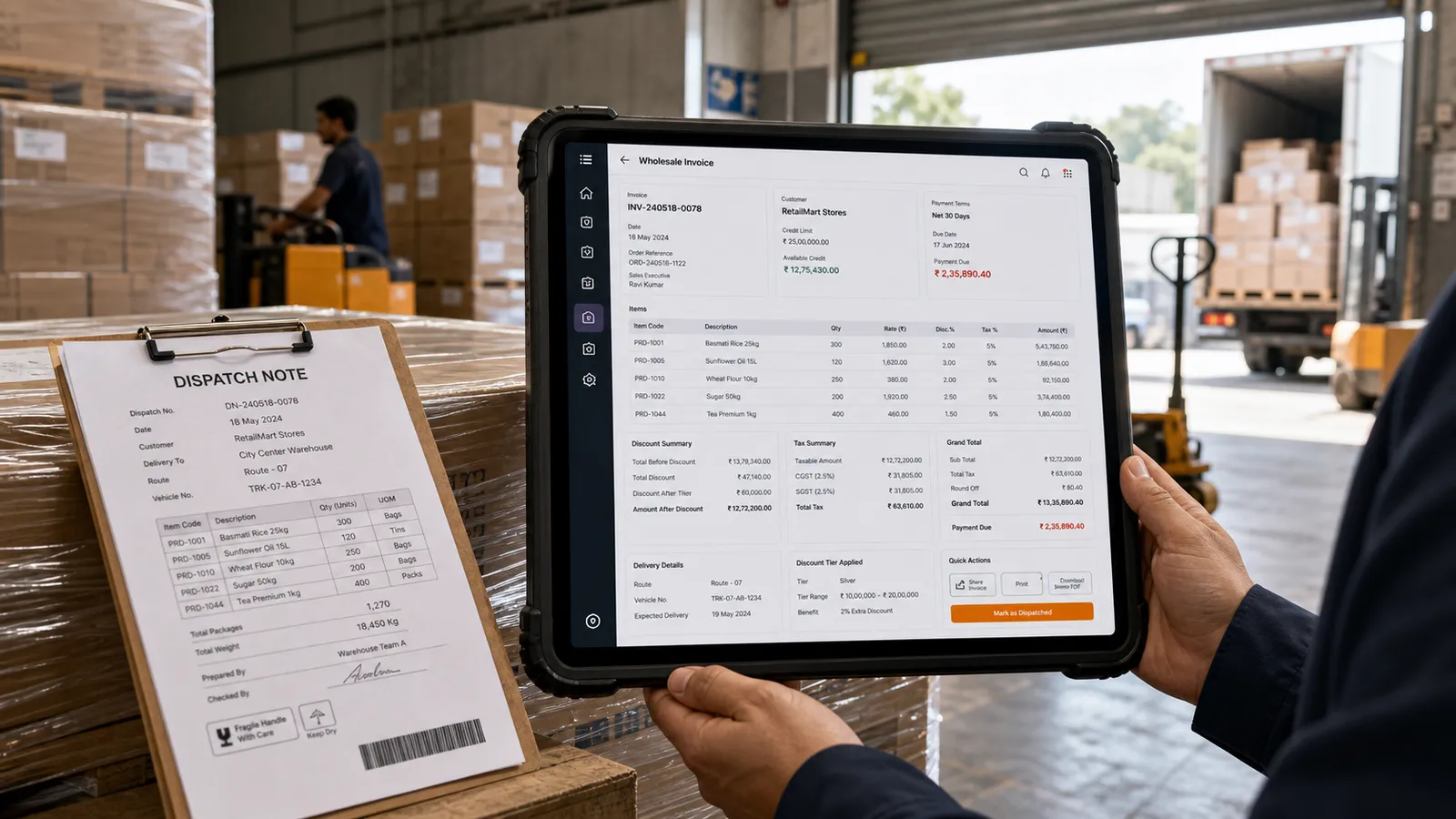 Rugged tablet showing a Folio wholesale invoice in a dispatch bay