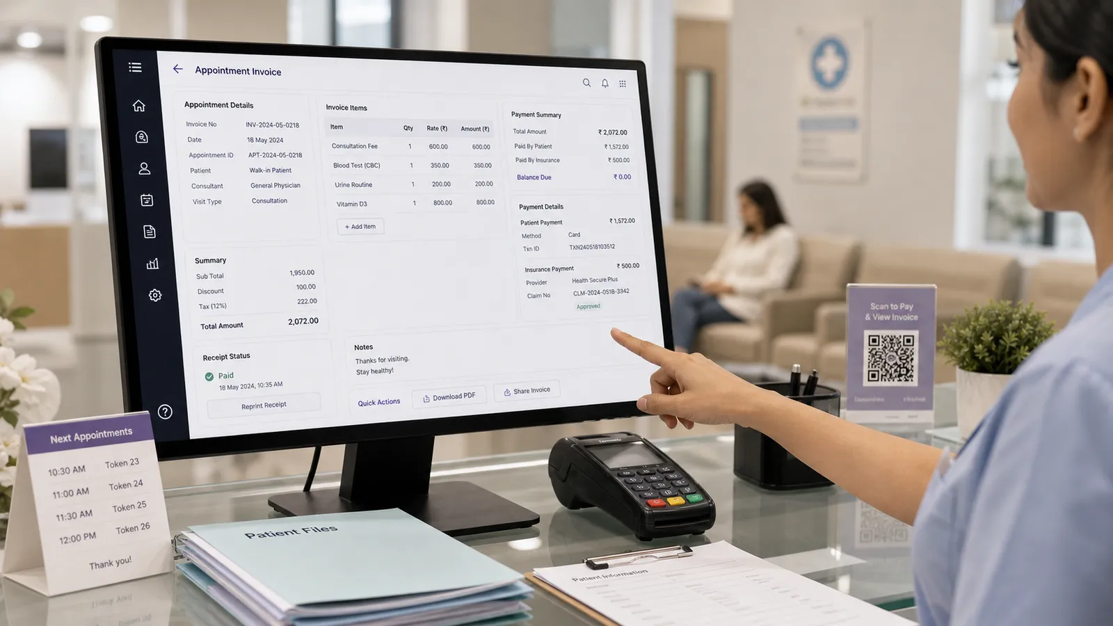 Receptionist pointing at the Folio billing screen at a clinic front desk