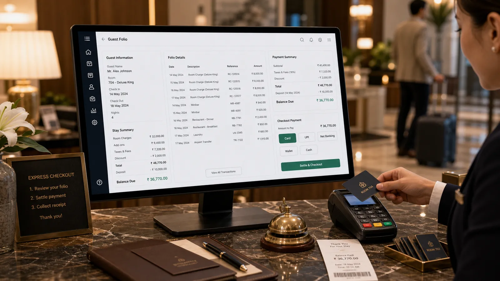 Guest folio on screen as a card is tapped at a marble hotel front desk