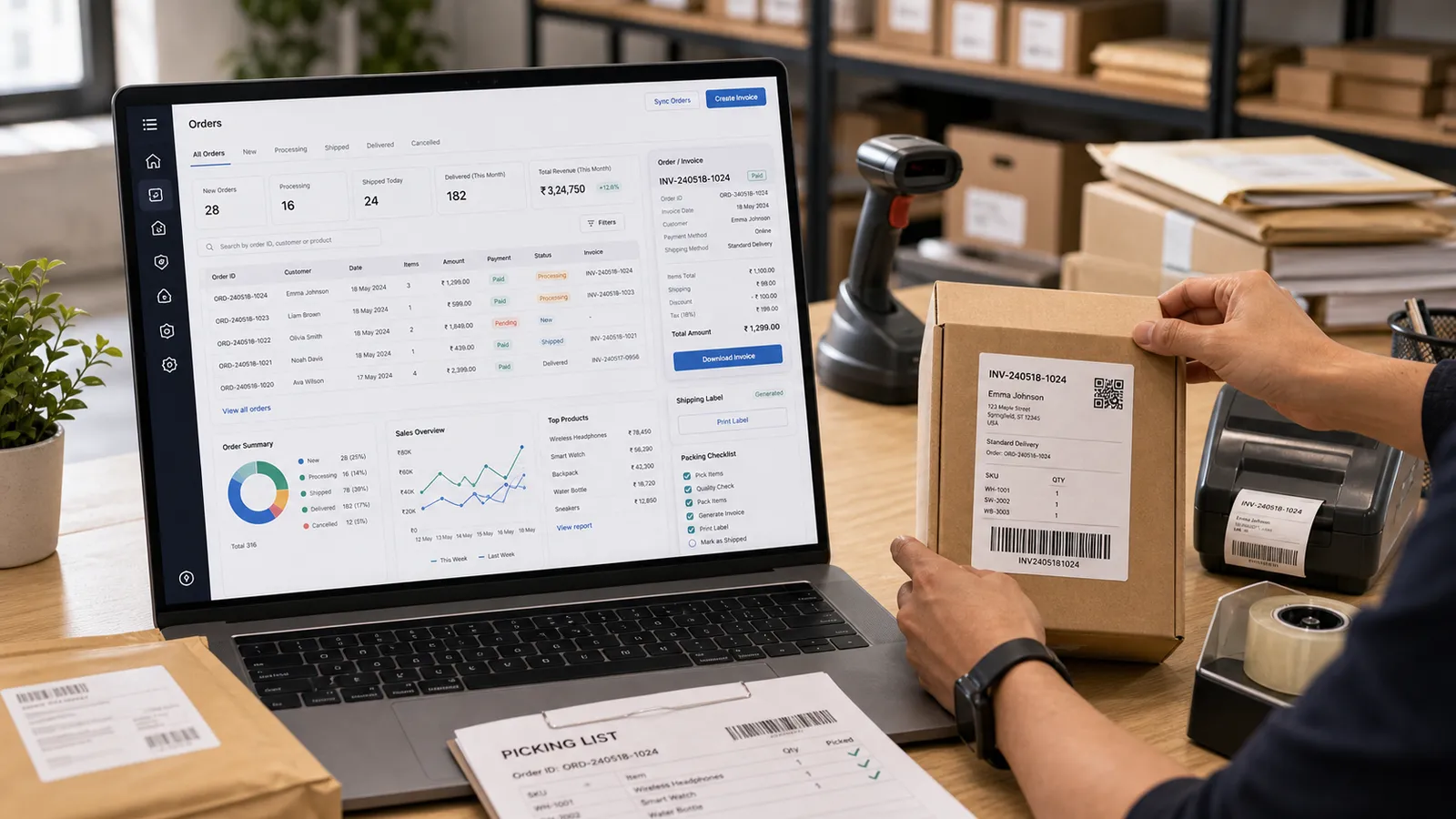 Folio orders dashboard with a shipping label printing for an e-commerce parcel
