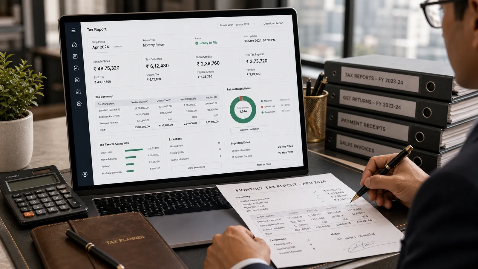 Monthly tax report printout laid beside Folio's GST summary screen during a consultant's review