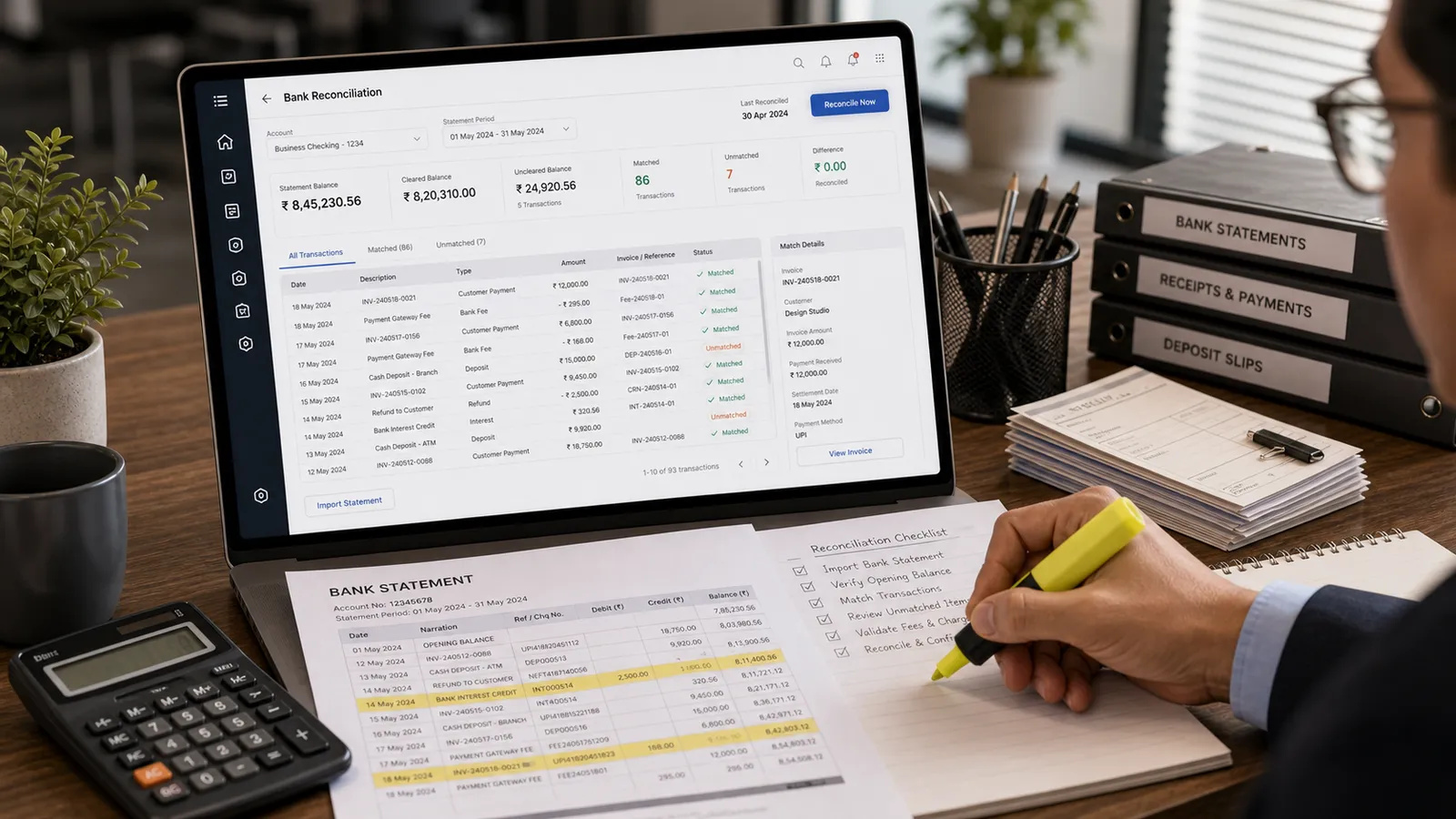 Folio bank reconciliation screen auto-matching entries against a highlighted bank statement