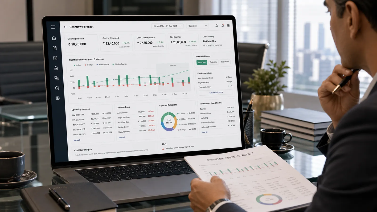 Folio cashflow forecast dashboard charting next month's receivables on a large office screen