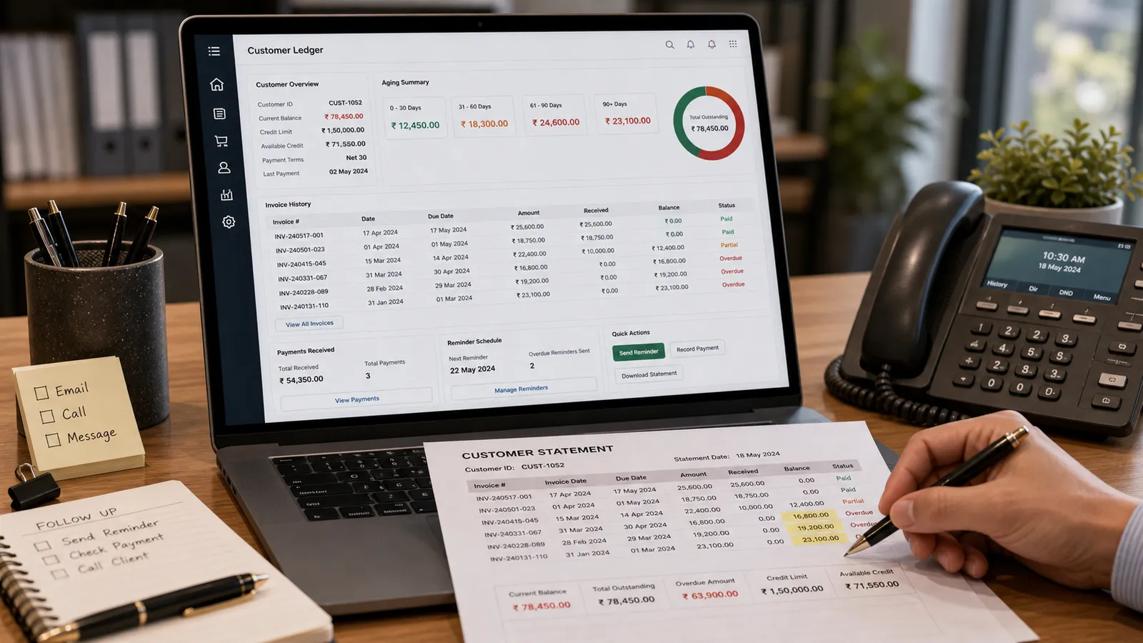 Customer ledger ageing screen in Folio beside a printed customer statement on an office desk