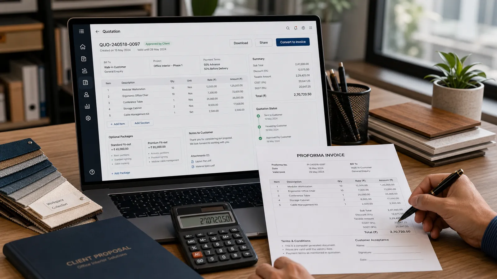 Folio quotation screen with a Convert to Invoice button next to a printed proforma invoice