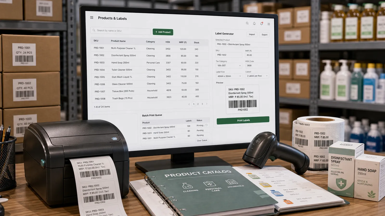 Folio products screen printing barcode labels on a label printer with a fresh label roll beside it